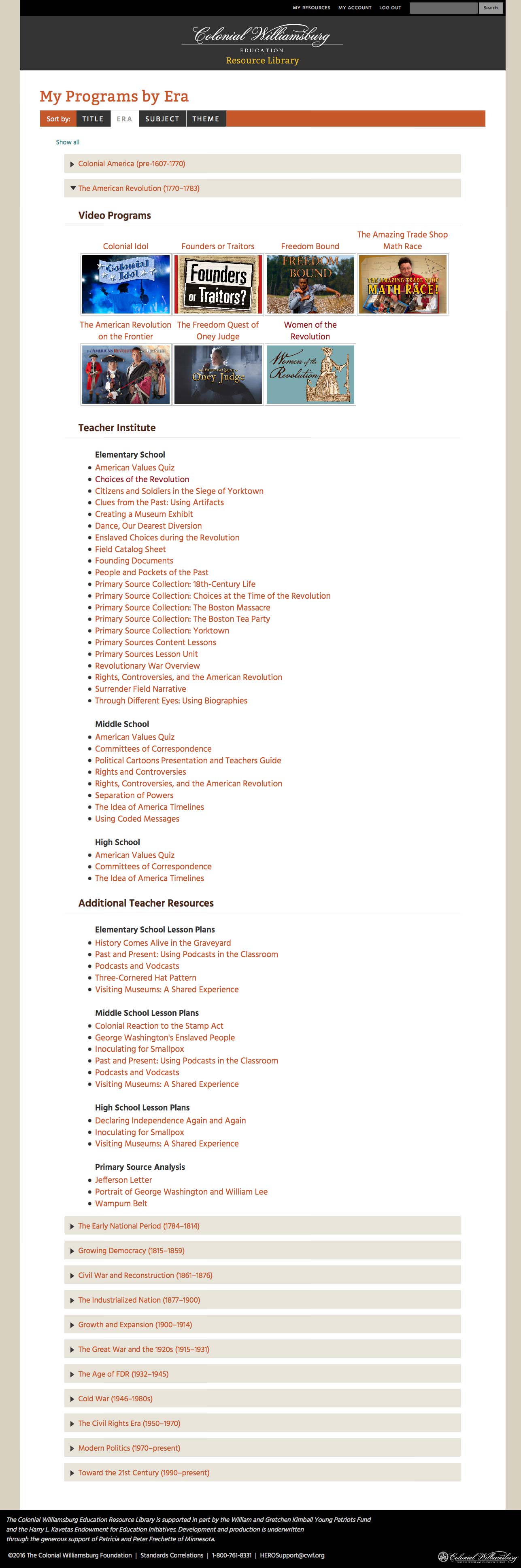 Page showing categorized resources